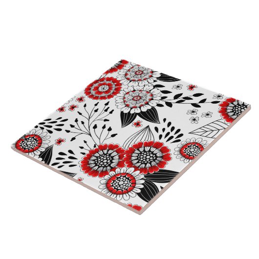 赤と黒葉のドードルの花と花 タイル (側面)