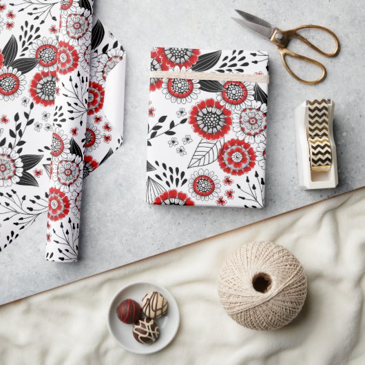 赤と黒葉のドードルの花と花 ラッピングペーパー (クラフト)