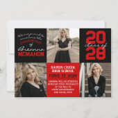 赤と黒4枚の写真卒業のお知らせ 招待状 (正面)