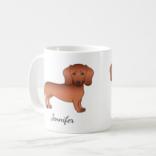 赤なめらかなコートダックシュントかわいい漫画の犬と名前 コーヒーマグカップ (正面左)