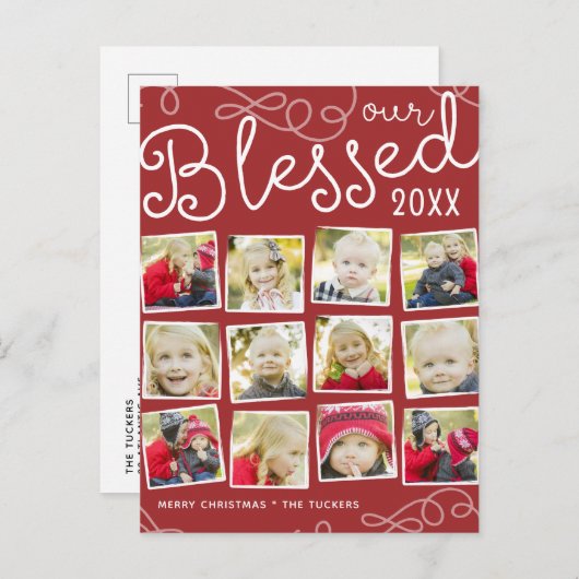 赤によって賛美される年の検討のクリスマスの写真のコラージュ 案内ポストカード (正面/裏面)