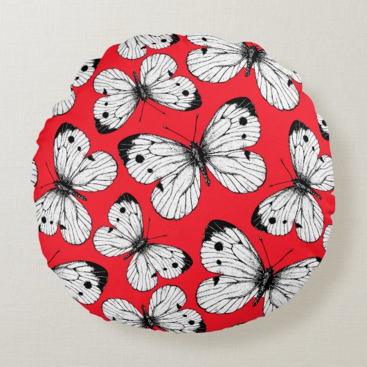 赤にキャベツの蝶のパターン ラウンドクッション (正面)