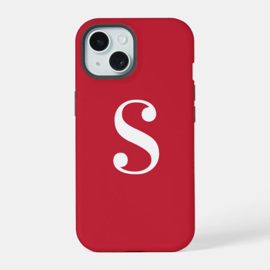 赤にミニマル白モノグラム iPhone 15ケース (裏面)