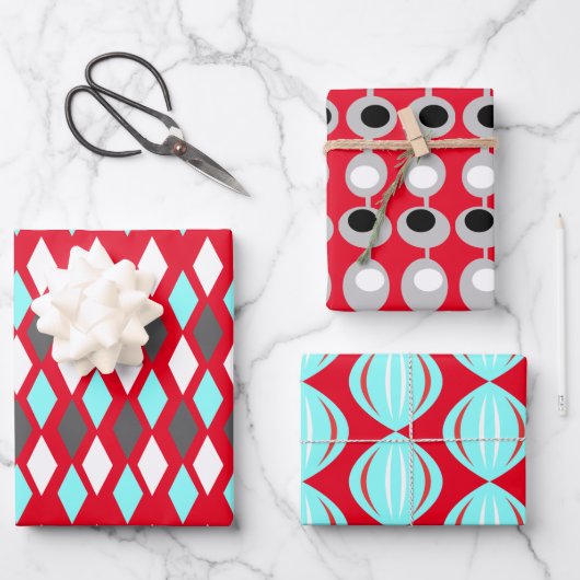 赤に描かれた世紀中頃の原子パターン ラッピングペーパーシート (正面)