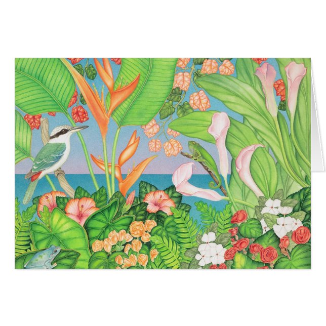 赤に支えられるカワセミ、カエル及びトカゲ (正面横)