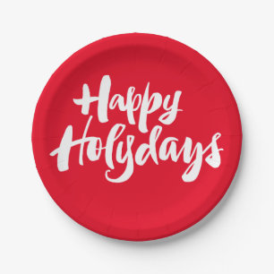 赤に文字を入れる休日のHolydaysの幸せなクリスマス ペーパープレート