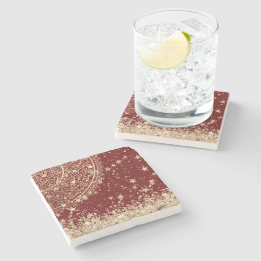赤に星を付けた金ゴールドマンダラ ストーンコースター (横)