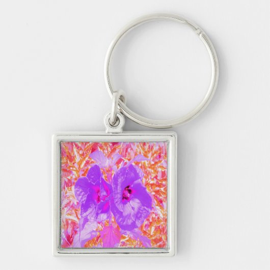 赤に紫とホットピンクの梅熱狂するハイビスカス キーホルダー (正面)