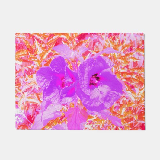赤に紫とホットピンクの梅熱狂するハイビスカス ドアマット (正面)