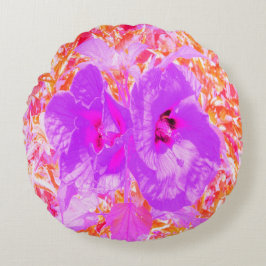 赤に紫とホットピンクの梅熱狂するハイビスカス ラウンドクッション
