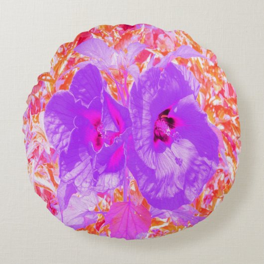 赤に紫とホットピンクの梅熱狂するハイビスカス ラウンドクッション (正面)