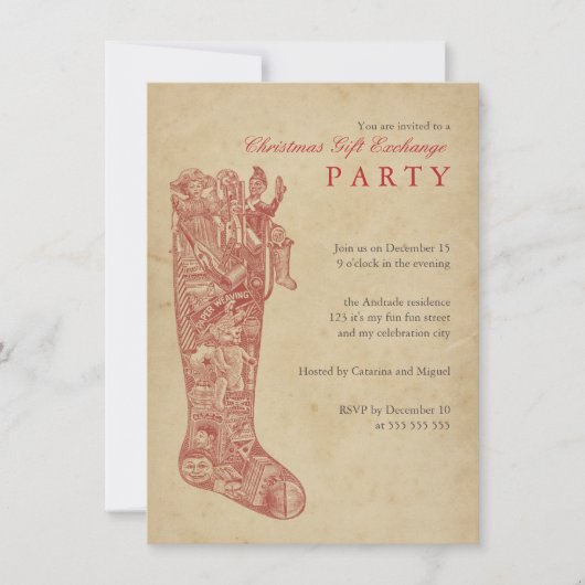 赤に貯蔵するクリスマスのギフト交換パーティーのヴィンテージ 招待状 (正面)