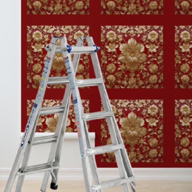 赤に金ゴールドの花を引き付ける 壁紙 (Peel and stick gold flowers pattern on red wallpaper)