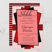 赤のアートデコ サプライズパーティー 誕生日 招待状 (正面/裏面)