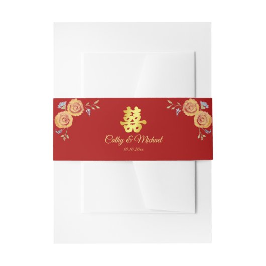 赤のオ中国のレ結婚ンジのフローラの二重の幸福 招待状ベリーバンド (正面例)