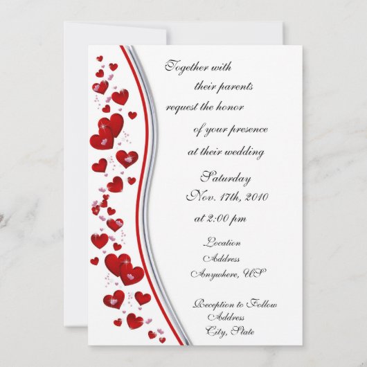 赤のカスケードハート結婚のフォト招待状 招待状 (裏面)