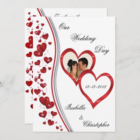 赤のカスケードハート結婚のフォト招待状 招待状 (正面/裏面)