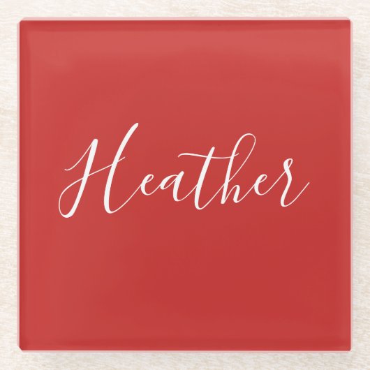 赤のカスタムの白いスクリプト ガラスコースター (正面)