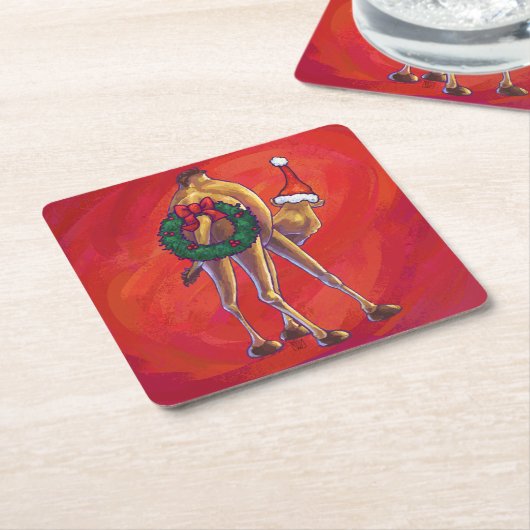 赤のカメルクリスマス スクエアペーパーコースター (アングル)