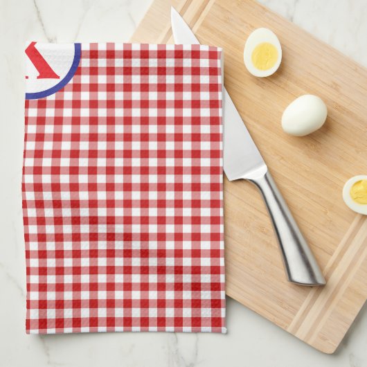 赤のギンガムモノグラム キッチンタオル (四つ折り)
