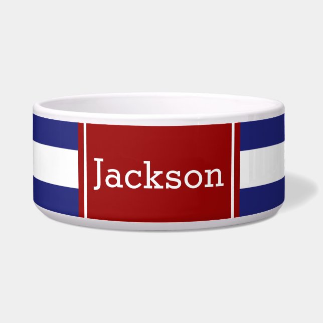 赤のクラシックで航海ので青および白のストライプ ボウル (正面)