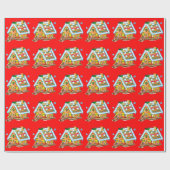 赤のクリスマスのお菓子の家 ラッピングペーパー (フラット)