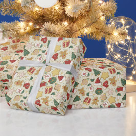 赤のクリスマスジンジャーブレッドのクッキーパターン ラッピングペーパー