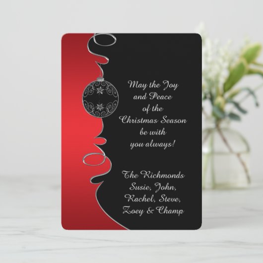 赤のグラデーション シルバー オーナメント スワール クリスマス カード (スタンド正面)