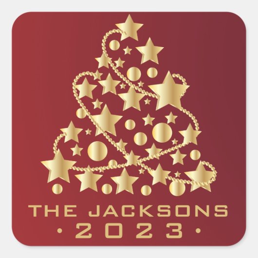 赤のゴールデンクリスマスツリー スクエアシール (正面)