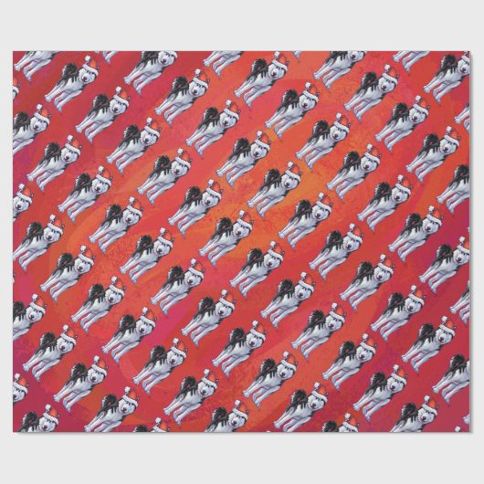 赤のサンタの帽子のハスキー ラッピングペーパー (フラット)