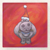 赤のサンタ帽子のかわいいカバ ガラスコースター (正面)