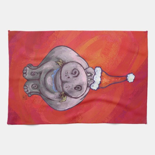 赤のサンタ帽子のかわいいカバ キッチンタオル (横)