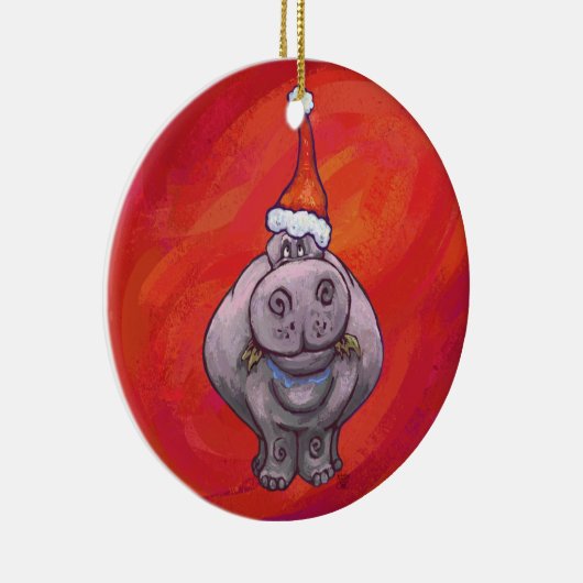 赤のサンタ帽子のかわいいカバ セラミックオーナメント (右)