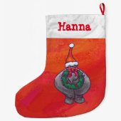 赤のサンタ帽子のかわいいカバ ラージクリスマスストッキング (裏面)