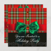 赤のスコットランド風タータンと緑のリボン クリスマスパーティー 招待状 (正面/裏面)