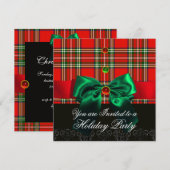 赤のスコットランド風タータンと緑の蝶ネクタイのクリスマスパーティー 招待状 (正面/裏面)