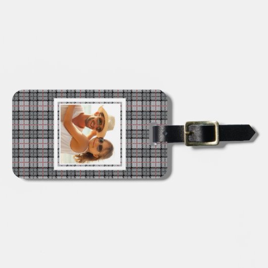 赤のストライプとの灰色のカスタムな写真ピクセル格子縞 ラゲッジタグ (正面横)