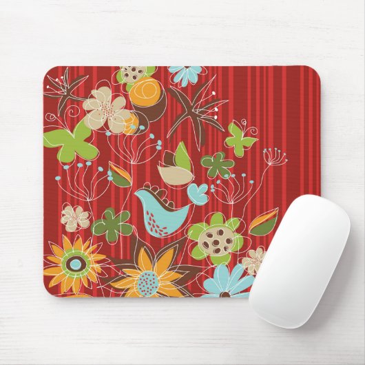 赤のストライプのお洒落で、シックな花の庭 マウスパッド (マウス)