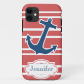赤のストライプのiPhoneの場合を持つ青く航海のないかり Case-Mate iPhoneケース (裏面)