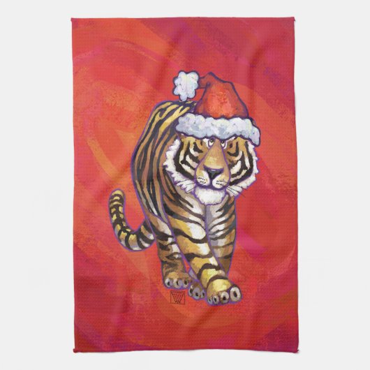 赤のタイガークリスマス キッチンタオル (縦)
