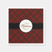 赤のタータン柄クリスマスプレイド冬パターン モノグラム スタンダードカクテルナプキン (正面)