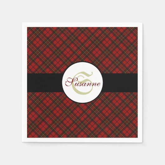 赤のタータン柄クリスマスプレイド冬パターン モノグラム スタンダードカクテルナプキン (正面)