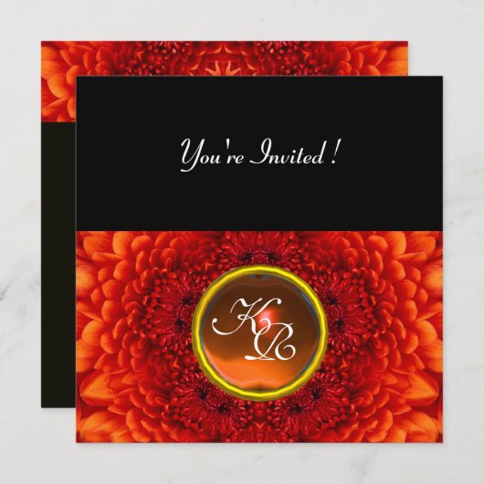 赤のダリア、AGATEモノグラム、明るい黒の黄色 招待状 (正面/裏面)