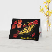 赤のトラのアゲハチョウによっては誕生日が開花します カード (黄色い花)