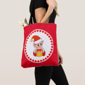 赤のハートに囲まれた可愛いクリスマス小妖精や小人 トートバッグ (クローズアップ)