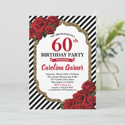 赤のバラ60th誕生日の女性への招待 招待状 (スタンド正面)