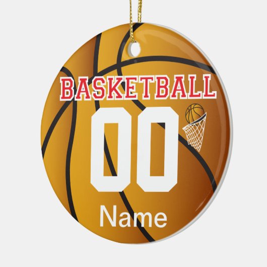 赤のパーソナライズされたバスケットボール番号オーナメント セラミックオーナメント (左)