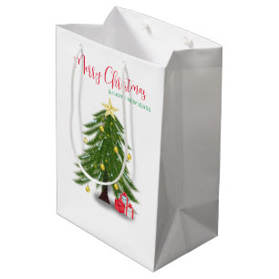 赤のプレゼントがあるクリスマスツリー ミディアムペーパーバッグ