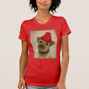 赤のボーダーテリアは帽子についてへまをします Tシャツ