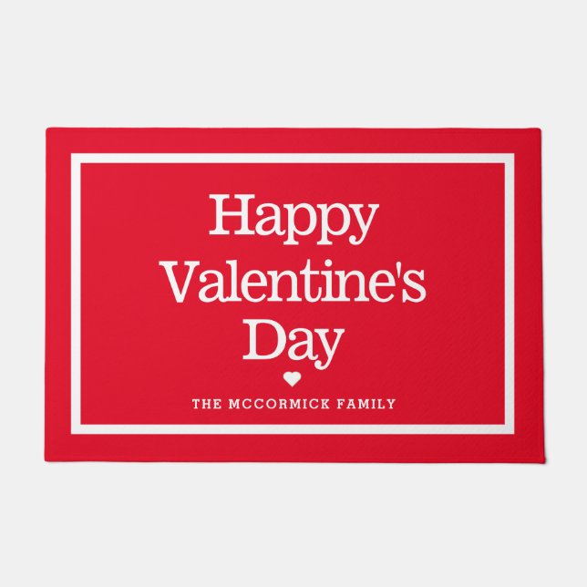 赤のモダンバレンタインの家族の名前 ドアマット (正面)